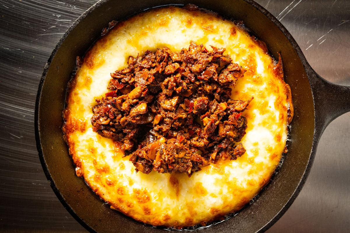 Chorizo style mushroom queso fundido