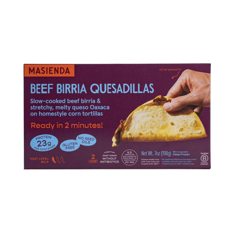 Masienda Beef Birria Quesadillas packaging with a hand holding a quesadilla